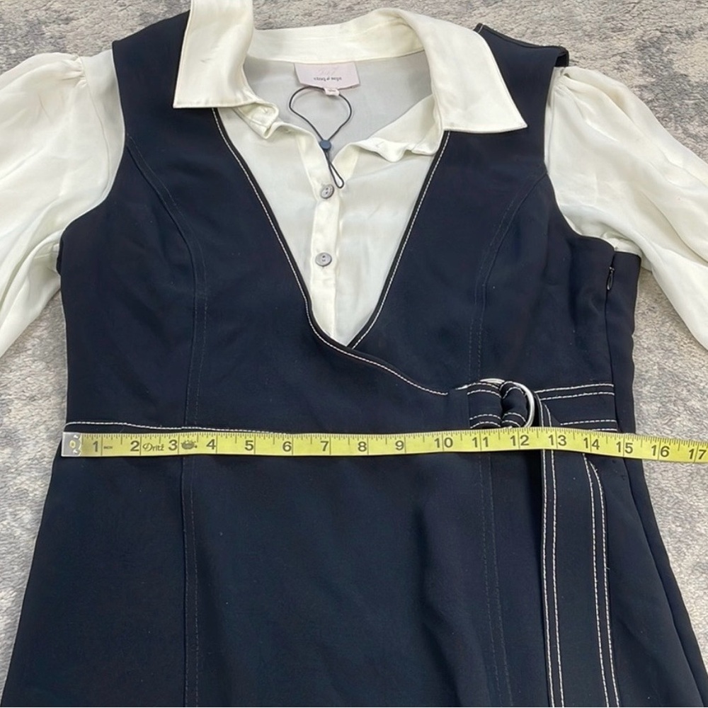 New Cinq a Sept Ambre Belted Midi Combo Crepe Shirt Dress Black White Sz 8 - Picture 7 of 10